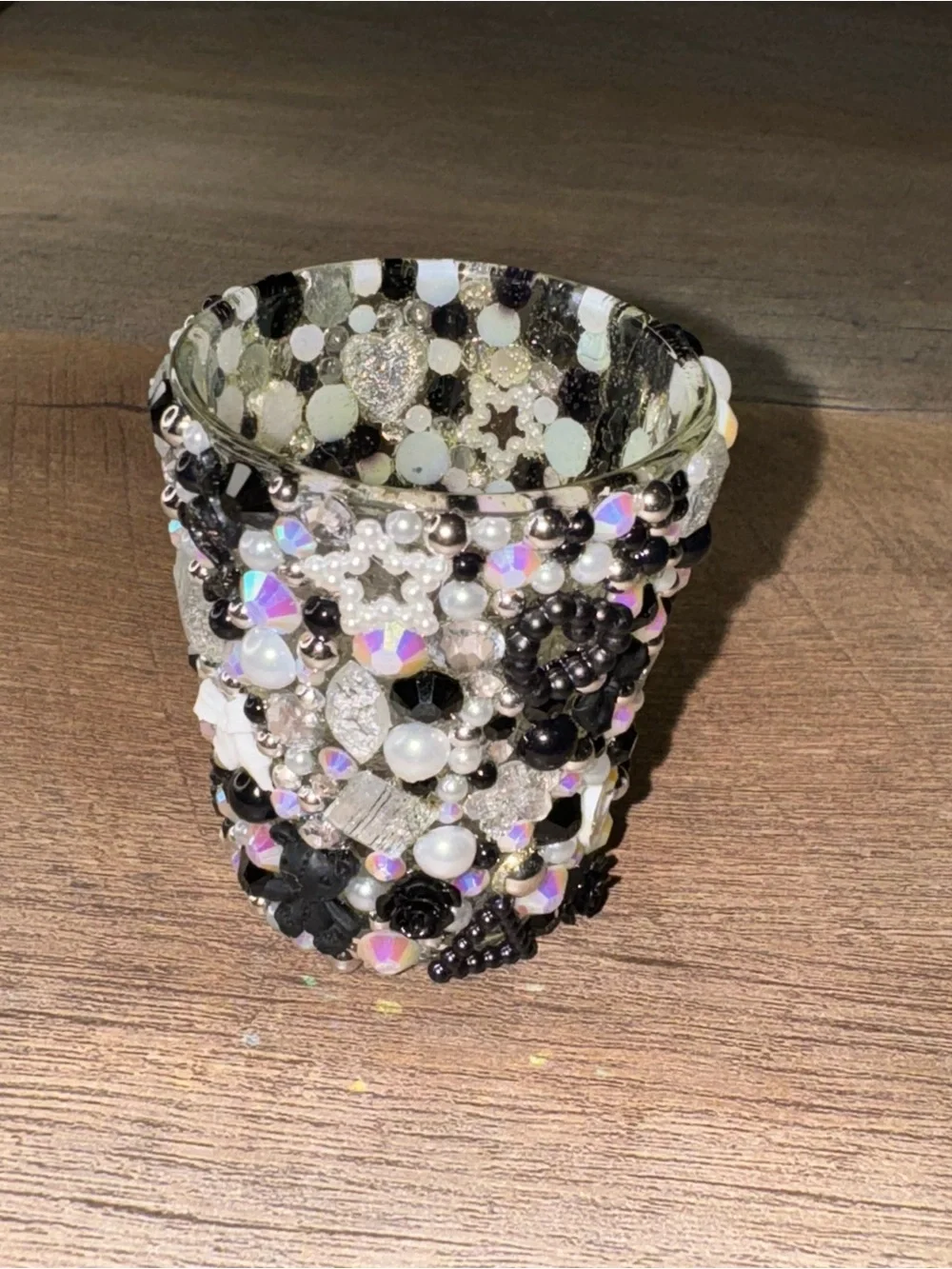 Handcrafted Black, White, Silver Bedazzled Shot Glass